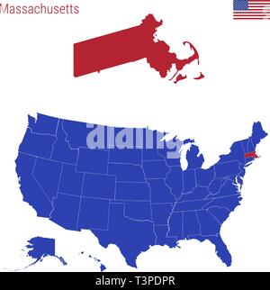 Der Bundesstaat Massachusetts ist rot markiert. Vektor Karte der Usa, eingeteilt in verschiedene Staaten. Stock Vektor