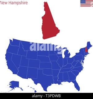 Der Bundesstaat New Hampshire ist rot markiert. Vektor Karte der Usa, eingeteilt in verschiedene Staaten. Stock Vektor