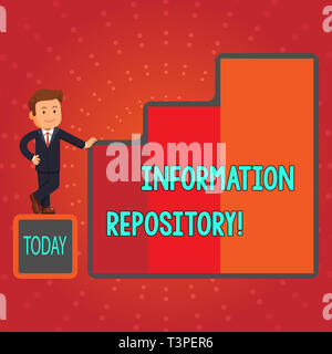 Schreiben Hinweis mit Information Repository. Business Konzept für ein Ort, wo die Daten gespeichert werden und Geschäftsmann, Wachstum und Erfolg zu finden. Stockfoto