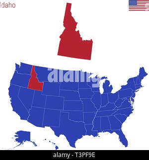 Der Zustand von Idaho ist rot markiert. Blue Vector Karte der Usa, eingeteilt in verschiedene Staaten. Karte der USA aufgeteilt in einzelne Stat Stock Vektor