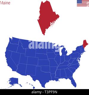 Der Bundesstaat Maine ist rot markiert. Blue Vector Karte der Usa, eingeteilt in verschiedene Staaten. Karte der USA aufgeteilt in einzelne Stat Stock Vektor
