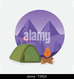 Camping Zone Szene mit Lagerfeuer Vector Illustration Design Stock Vektor