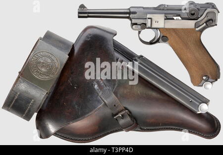 Waffen, Gewehr, Pistolen, Luger Pistole 08, Kaliber 9 mm Parabellum, mit Holster, Magazin und Gürtel, an die Armee, Deutschland, 1935 - 1945, Editorial-Use - Nur Stockfoto