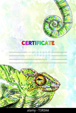 Zertifikat Design mit Wasserfarben bemalt tropischen Chamäleon. Vertikale Format. Abbildung. Vertikale, full-color Chamäleon, Farbe Echse, Aquarell Stockfoto