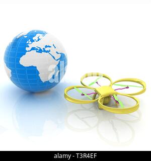 Quadrocopter Drone mit Globus und Fernbedienung auf einem weißen Hintergrund. 3D-Darstellung Stockfoto
