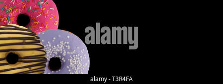 Drei verschiedenen Donuts auf schwarzem Hintergrund. Schließen sie isoliert. Banner. Stockfoto