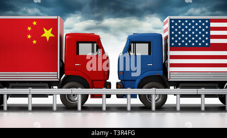 Lkw mit USA und China flags kommen in der schmale Straße. 3D-Darstellung. Stockfoto