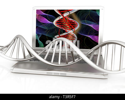 Laptop mit DNA-medizinische Modell Hintergrund auf dem Laptop Bildschirm. 3D-Darstellung Stockfoto