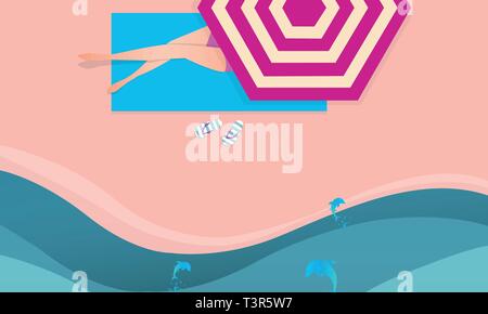 Top view beach Hintergrund mit Sonnenschirmen, Kugeln und das Meer. Stock Vektor