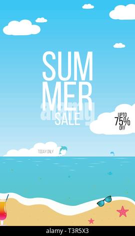 Summer Sale vector Hintergrund mit einem Strand, Meer, Wellen, tropische Blätter, Früchte, Text. Stock Vektor