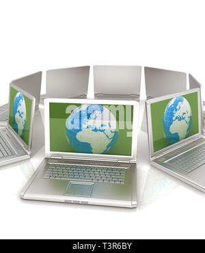 Internet, globales Netzwerk, Computer rund um Globus. 3D-Rendering Stockfoto