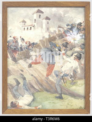 SECONDE RÉPUBLIQUE ET Second Empire, 1848-1870 Aquarelle sur papier représentant un assaut d'Infanterie francaise, (zouaven et voltigeure) contre de l'Infanterie autrichienne Pendant la campagne d'Italie (1859). Hauteur 29 cm, largeur 22,5 cm. Ensemble en Bon état, présenté sous Verre, cadre en bois naturel d'origine. Le Cadre porte au dos le Cachet de l'escadron de Cent Gardes, ce petit Tableau appartenait au Oberst Verly Kommandant l'unité, il était par Tradition Exposé dans son Bureau, Additional-Rights - Clearance-Info - Not-Available Stockfoto