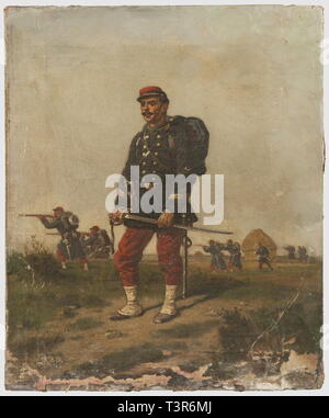 SECONDE RÉPUBLIQUE ET Second Empire, 1848-1870 Huile sur toile, Représentant un sous-Officier de Voltigeure, d'Infanterie de Ligne, Après 1870. L'Homme, Sabre à la Main, en Tenue de Campagne, Pose devant un paysage de champs Venant d'être moissonnés, à l'arrière Plan, Taucher fantassins Font feu en Direction de l'Ennemi. Hauteur 46 cm, largeur 38 cm. Toile en état très moyen, manques importants à la base du Tableau. Présenté sans Kader, Additional-Rights - Clearance-Info - Not-Available Stockfoto