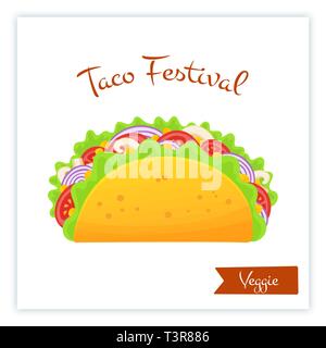 Frische traditionelle veggie Tacos essen Banner isoliert Vector Illustration. Würziges Gemüse Taco mit Zwiebel, Pilze, Salat und rote Tomate mit großen Zeichen Taco Festival für Essen Truck Promotion Stock Vektor