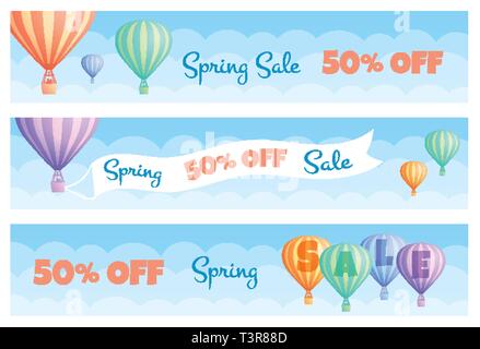 Hot Air Balloon Verkauf banner Vector Illustration. Gutschein Vorlage, white cloud auf Summer blue sky bunten Streifen Heißluftballons mit großen Banner Frühling Verkauf Rabatt. Freistellungsmaske angewendet. Stock Vektor