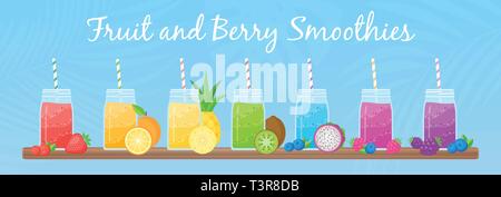 Vegetarische Smoothie shake Cocktail collection Vector Illustration. Satz von Glas Glas mit Schichten von süß Vitamin Saft Cocktail oder Protein Shake mit frischen Früchten für smoothies Fitness bar Design Stock Vektor
