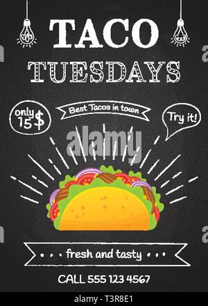 Traditionelles mexikanisches Fastfood Taco Dienstag Poster. Leckeres Rindfleisch, Salat, Tomate in leckere Tacos mit Vintage chalk Dekoration und Zeichen Taco Dienstag. Vector Illustration für Essen lkw-Design Stock Vektor