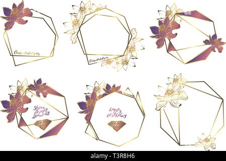 Botanische Girlande von Lotus Blumen, vintage Blumen Kranz mit goldenen polygonalen Frame Stock Vektor