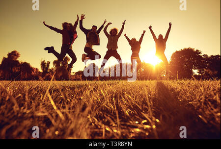 Eine Gruppe junger Menschen auf dem Rasen im Park bei Sonnenuntergang springen. Stockfoto