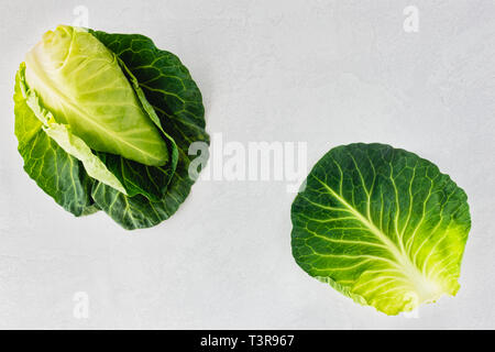 Ganze spitzen Feder Kohl und Blatt auf grau gemusterten und strukturierten Hintergrund mit kopieren. Ansicht von oben. Stockfoto