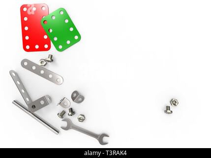 Mechanisches Spielzeug teilen Hintergrund mit Schrauben, auf weissem, 3D-Rendering isoliert. Stockfoto