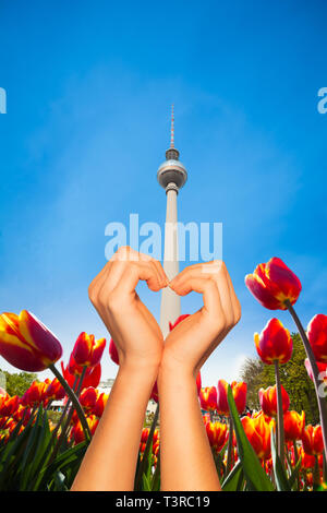 Hand halten, rotes Herz über den Berliner Fernsehturm Turm Stockfoto