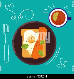 Satz von Frühstück essen auf hellen Hintergrund im flachen Design Style. Doodle Elemente. Flache Sandwich und Getränke. Zeit für das Frühstück. Vector Illustration. Stock Vektor