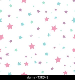 Nahtlose abstrakte Muster mit pinkfarbenen und blauen scharfe Sterne auf weißem Hintergrund. Vector Illustration. Vektor Feuerwerk Abbildung. Cosmos Textur für Stock Vektor