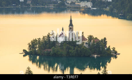 Luftaufnahme der Insel im See mit dem Wahrzeichen Kirche bei Sonnenaufgang über die Julischen Alpen Bled. Slowenien, Europa Stockfoto