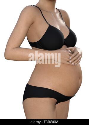 Schwangere Frau ihren grossen Bauch berühren. Close Up. Mutterschaft, Schwangerschaft, Menschen und Erwartung Konzept. Schwangere Frau Baby erwarten Stockfoto