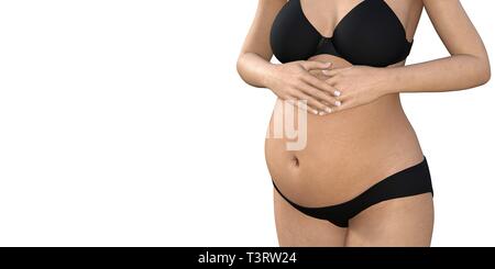 Schwangere Frau ihren grossen Bauch berühren. Close Up. Mutterschaft, Schwangerschaft, Menschen und Erwartung Konzept. Schwangere Frau Baby erwarten Stockfoto