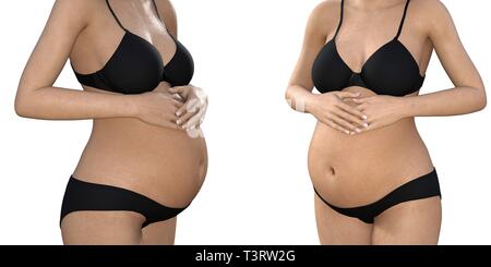 Schwangere Frau ihren grossen Bauch berühren. Close Up. Mutterschaft, Schwangerschaft, Menschen und Erwartung Konzept. Schwangere Frau Baby erwarten Stockfoto