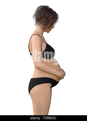 Schwangere Frau ihren grossen Bauch berühren. Close Up. Mutterschaft, Schwangerschaft, Menschen und Erwartung Konzept. Schwangere Frau Baby erwarten Stockfoto