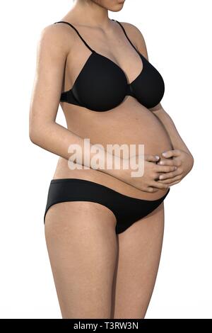 Schwangere Frau ihren grossen Bauch berühren. Close Up. Mutterschaft, Schwangerschaft, Menschen und Erwartung Konzept. Schwangere Frau Baby erwarten Stockfoto