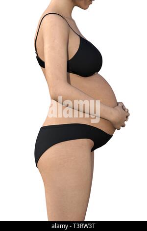 Schwangere Frau ihren grossen Bauch berühren. Close Up. Mutterschaft, Schwangerschaft, Menschen und Erwartung Konzept. Schwangere Frau Baby erwarten Stockfoto