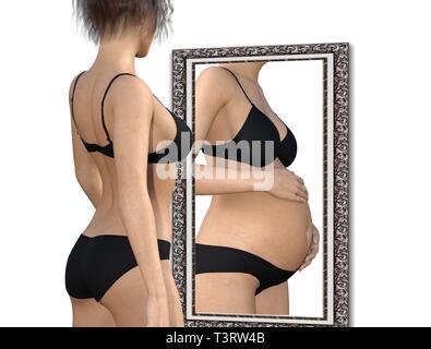 Kind wünschen - Frau mit einem Kind schwanger in den Spiegel schaut Stockfoto
