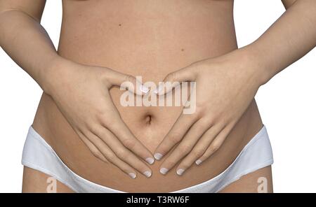 Schwangere Frau ihren grossen Bauch berühren. Close Up. Mutterschaft, Schwangerschaft, Menschen und Erwartung Konzept. Schwangere Frau Baby erwarten Stockfoto