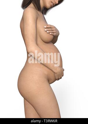 Schwangere Frau ihren grossen Bauch berühren. Close Up. Mutterschaft, Schwangerschaft, Menschen und Erwartung Konzept. Schwangere Frau Baby erwarten Stockfoto