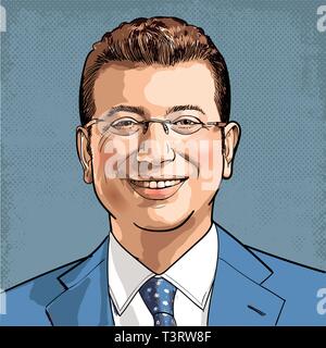 April 11, 2019 Ä°stanbul, Ekrem Ä°mamoglu, Bürgermeister der Stadtverwaltung Istanbul, Türkei. Vector Illustration. Stock Vektor