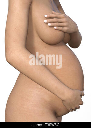 Schwangere Frau ihren grossen Bauch berühren. Close Up. Mutterschaft, Schwangerschaft, Menschen und Erwartung Konzept. Schwangere Frau Baby erwarten Stockfoto