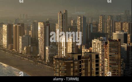 Luftaufnahme von der Spitze der Stadt Benidorm bei Sonnenuntergang goldene Stunde, Küste bei Sonnenuntergang. Benidorm Moderne Resort-Stadt, beliebte Reiseziele, Spanien Stockfoto