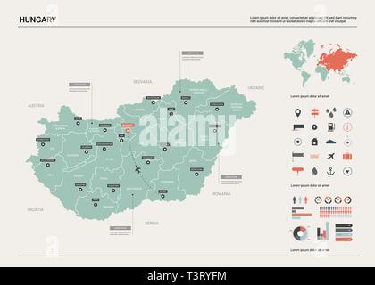 Vektor Karte von Ungarn. Hoch detaillierte Landkarte mit Abteilung, Städten und der Hauptstadt Budapest. Politische Landkarte, Weltkarte, infografik Elemente. Stock Vektor