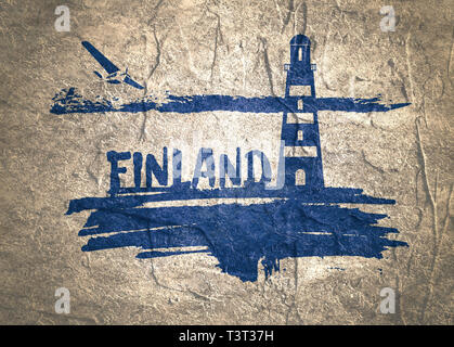 Leuchtturm auf pinselstrich Seashore. Wolken mit retro Flugzeugsymbol. Finnland Land name Text. Konkrete strukturierte Stockfoto
