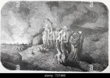 Der Fall von Sodom und Gomorra, Historische Illustration in einer alten Bibel von 1886, Altes Testament, der Heiligen Schrift, Deutschland Stockfoto