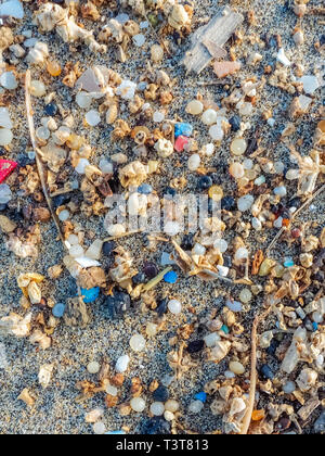 Microplastics gefunden am Ufer eines Strand auf Lanzarote. Meeresverschmutzung durch Kunststoff. Vertikale. kanarische Insel Stockfoto