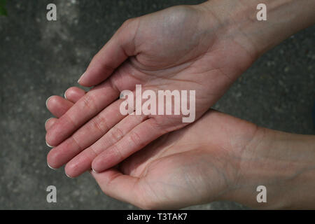 Paar Damen Hände, eine auf der anderen.. Handflächen nach oben. Stockfoto