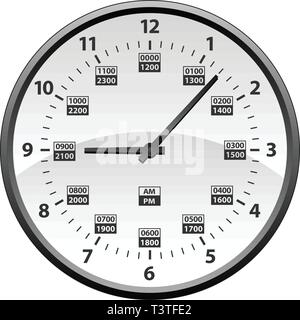 12 bis 24 Stunden Militär Time Clock Conversion isoliert Vector Illustration Stock Vektor
