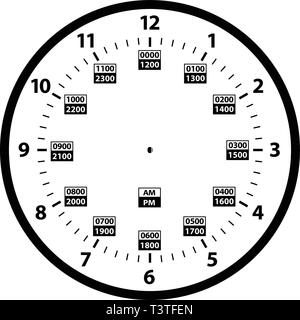 12 bis 24 Stunden Militär Time Clock Conversion isoliert Vector Illustration Stock Vektor