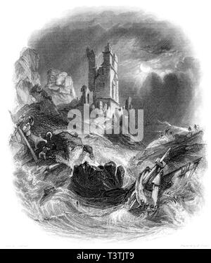 Eine Gravur der Dunstanborough Castle (dunstanburgh) von Moonlight gescannt und in hoher Auflösung aus einem Buch 1842 veröffentlicht. Glaubten copyright frei. Stockfoto