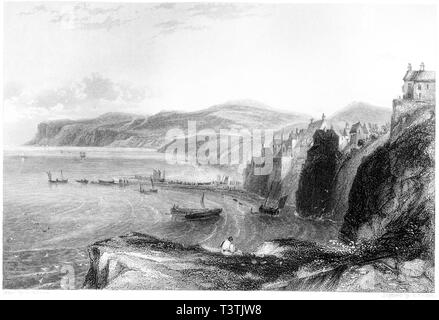 Ein Kupferstich von Robin Hoods Bay, Yorkshire gescannt und in hoher Auflösung aus einem Buch 1842 veröffentlicht. Glaubten copyright frei. Stockfoto